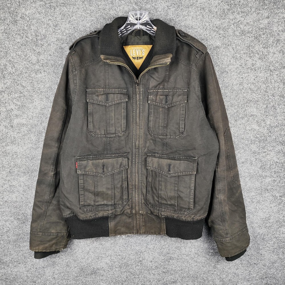 Levi's Jacket Mens Medium Green Canvas Bomber Full Zip Utility Pockets Ribbed