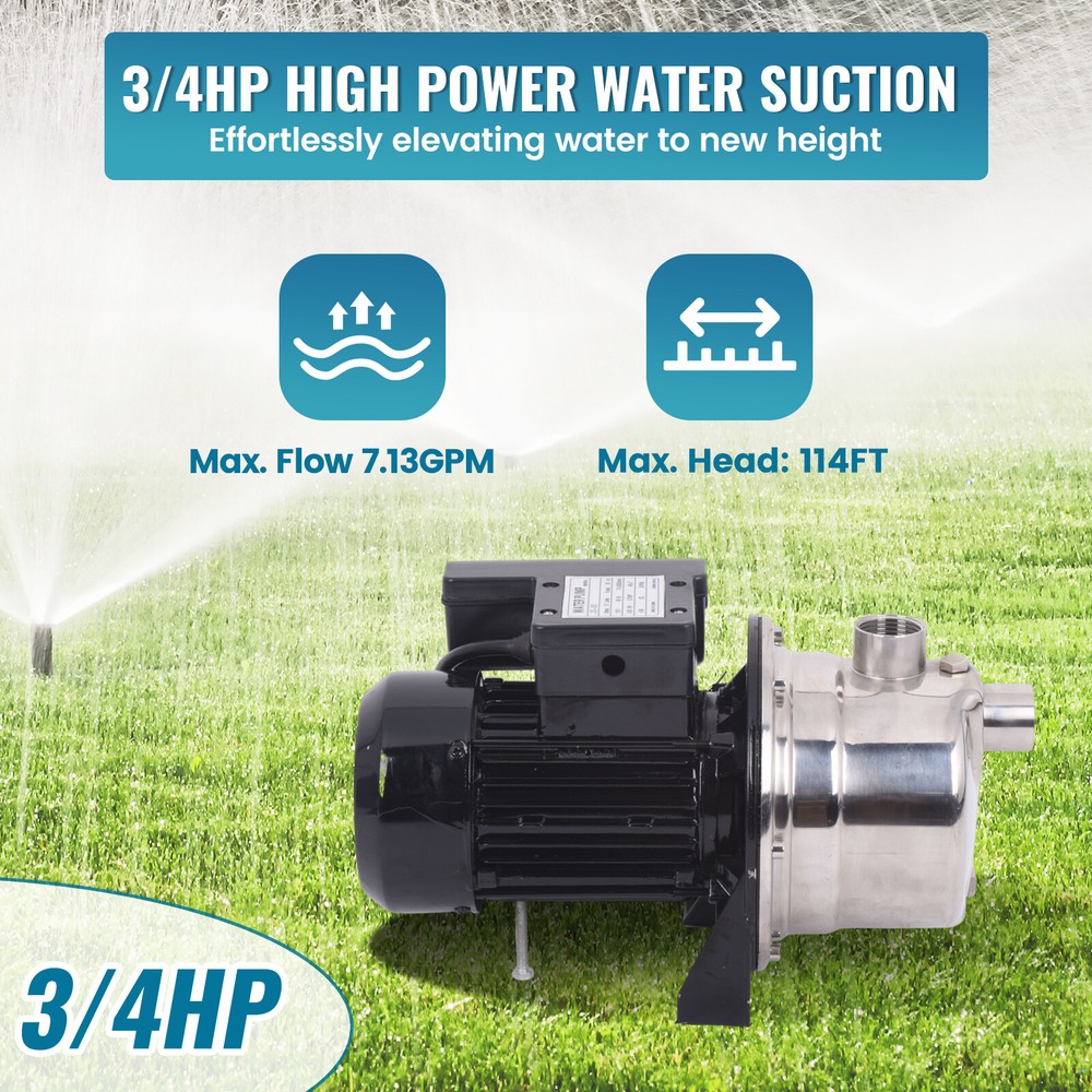 Bomba de agua de chorro de pozo poco profundo de 3/4 HP 7,13 GPM cabezal de 114 pies acero inoxidable Stl