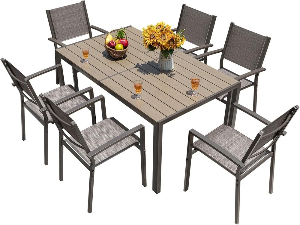 Dining Set 7 Pieces Outdoor Furniture with Large Table and 6 Textilene Chairs