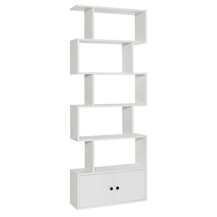 6-Tier S-Shaped Freestanding Bookshelf with 2 Door Cabinets