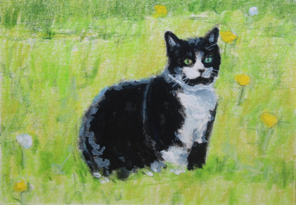 ACEO Original Art Cute Cat with Dandelions Yellow Flowers by Rockn Palette