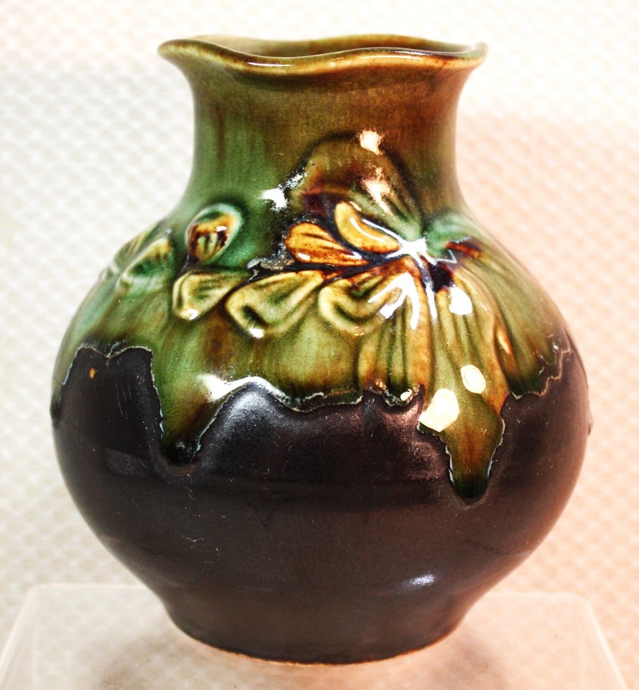Vintage Brown Art Pottery Vase Green Drip Glaze Ceramic Raised Flowers 6 