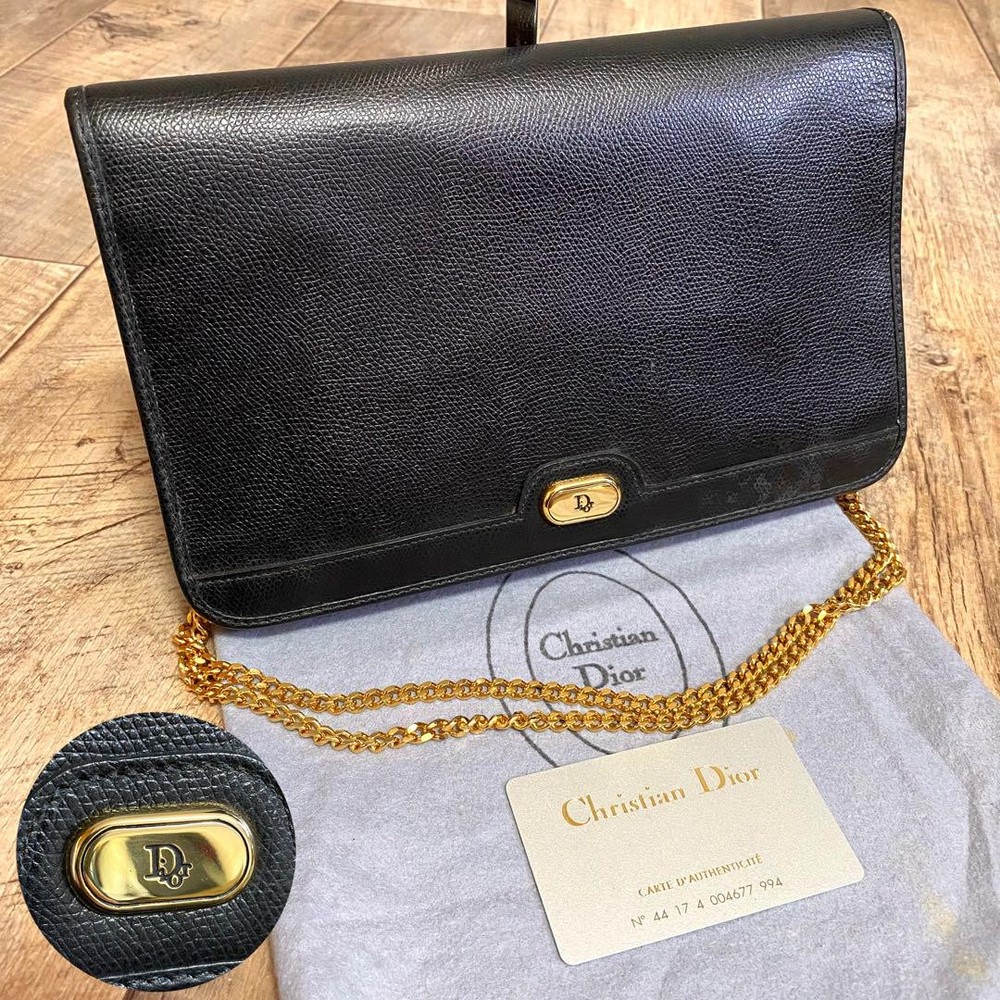 Authentic Christian Dior Black Leather Logo Shoulder Crossbody Bag