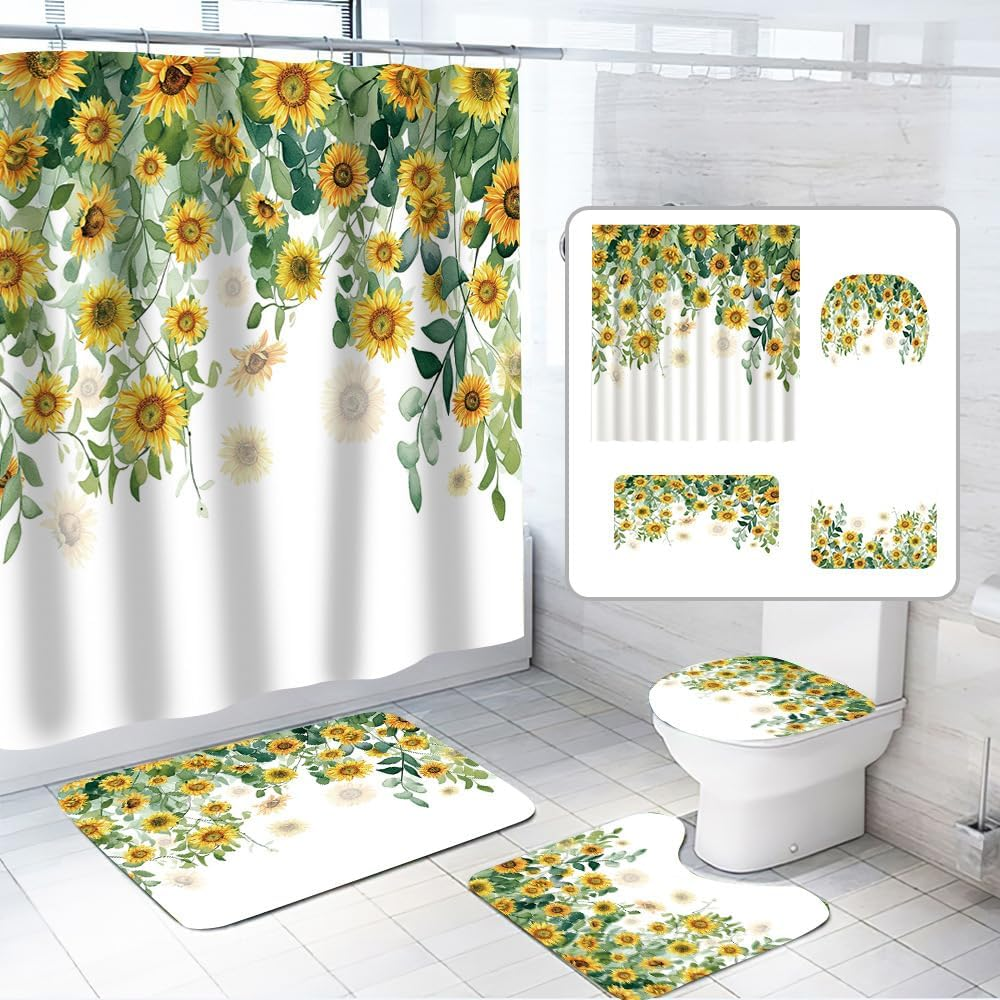 4 Pcs Sunflower Shower Curtain Floral Bathroom Sets Accessories with Shower Curt