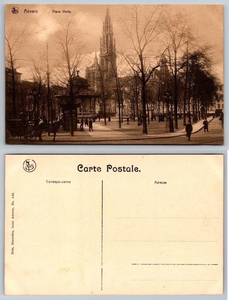 Antwerp Place Verte Cathedral NELS Postcard Early 1900s Belgium City View