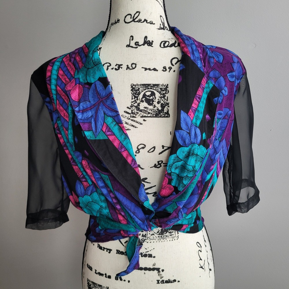 Vintage 80s Hot Stuff tie front blouse top abstract bright graphic neon sheer-image
