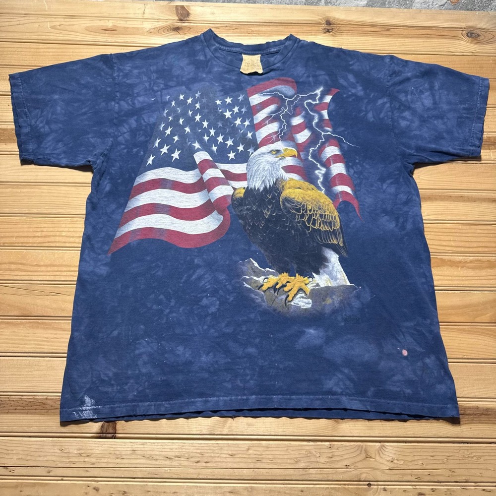 Vintage 90s Bald Eagle American Flag Lightning Patriotic Tie Dye T-Shirt - XL