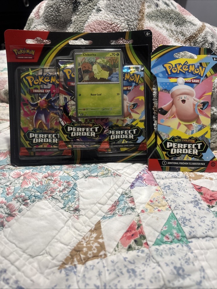 Pokemon Mega Evolution Perfect Order 3-Pack Blister (Chikorita Promo) - Plus 2