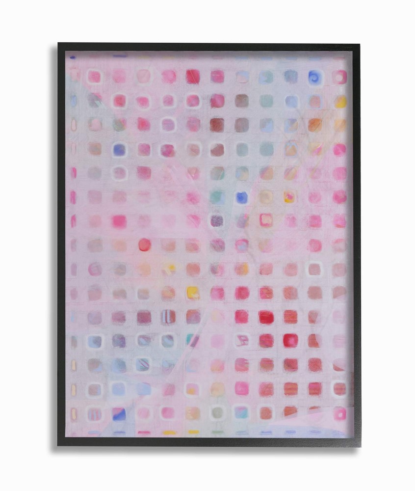 Square Pattern Abstract Pink Red Painting Black Framed Art, 24 x 30, Design b...