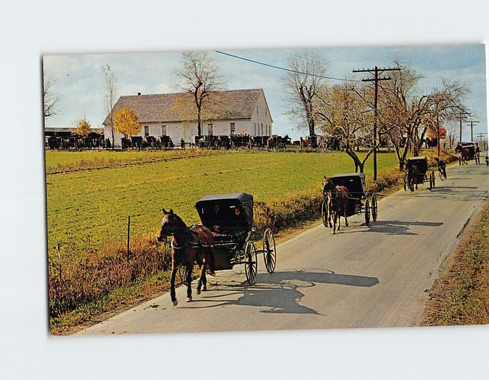 Postcard Heart of Dutchland Mennonite Carriages at Church Pennsylvania USA