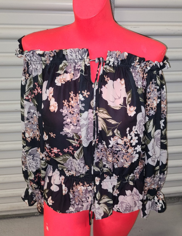 Floral Off Shoulder Tie Front Poet Blouse Shirt Top Size Large Bell Sleeve