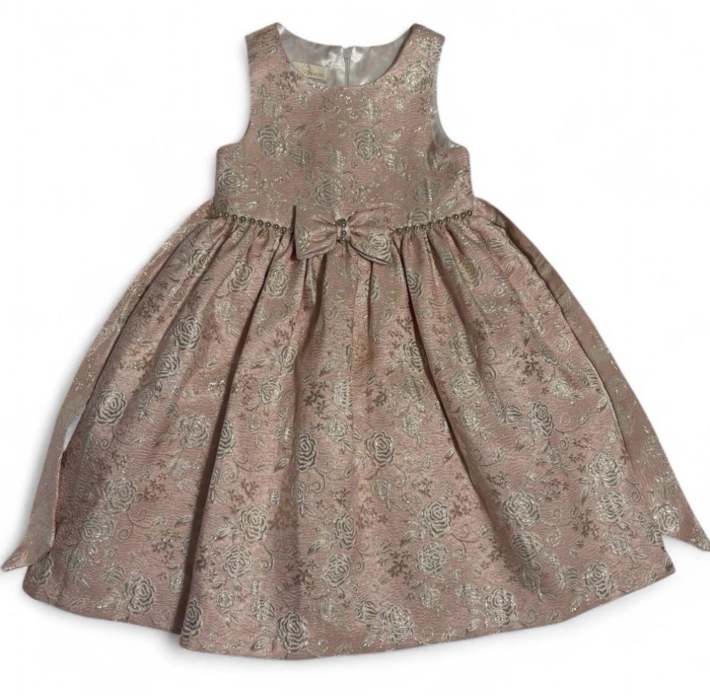 Girls Sleeveless Floral Dress with Gold Pink Bow Size 6