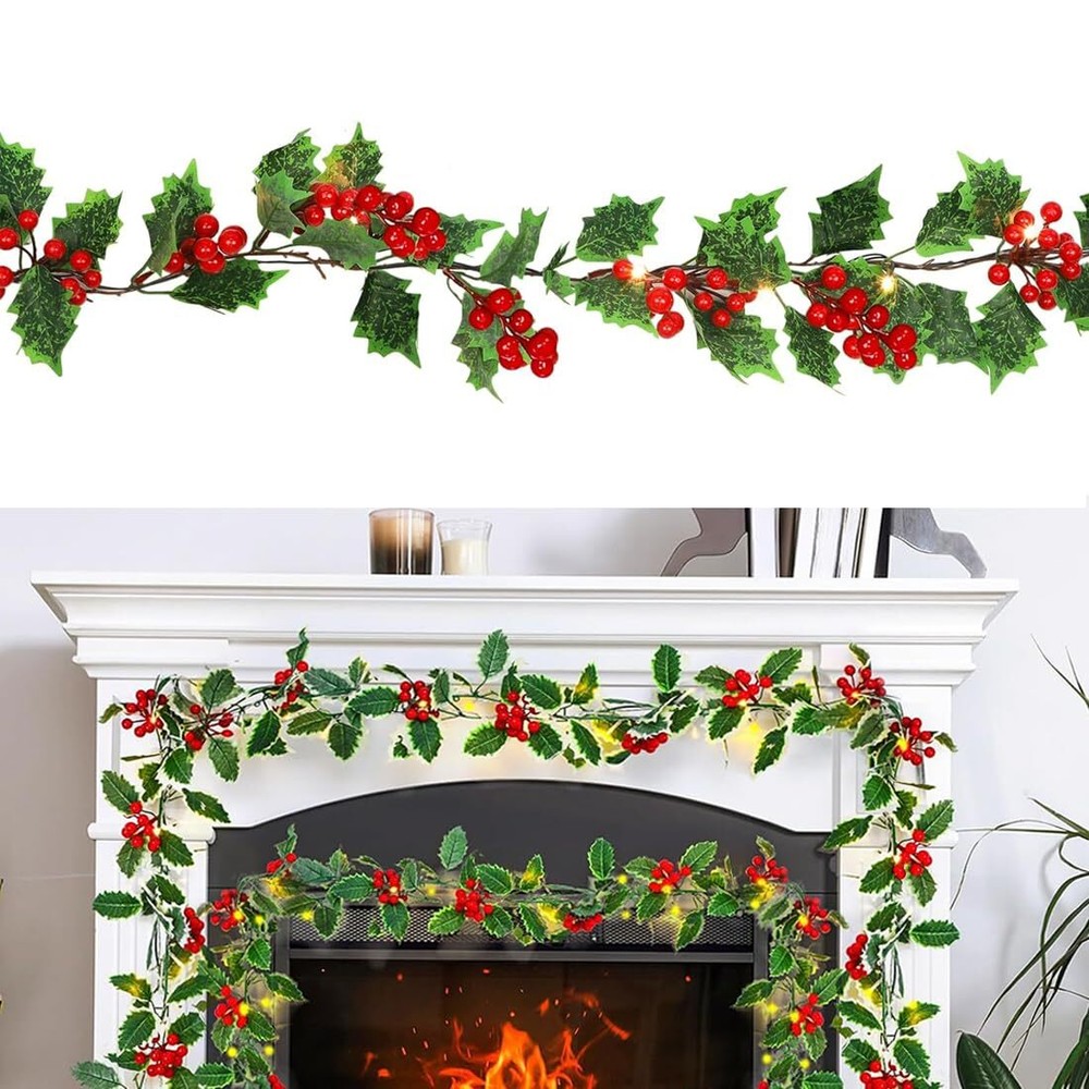 9FT Christmas Garland with Lights,Pre-lit Artificial Red Berries & Holly Leav...