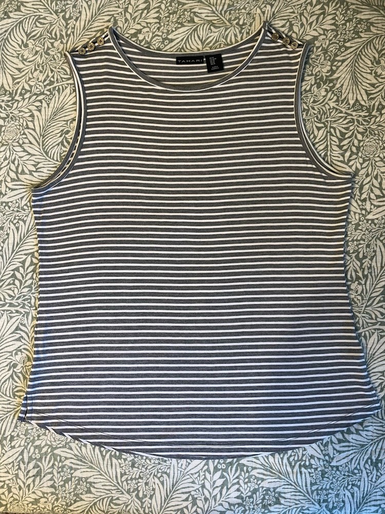 TAHARI Gray White Blouse M Sleeveless Round Neck Stretch Knit