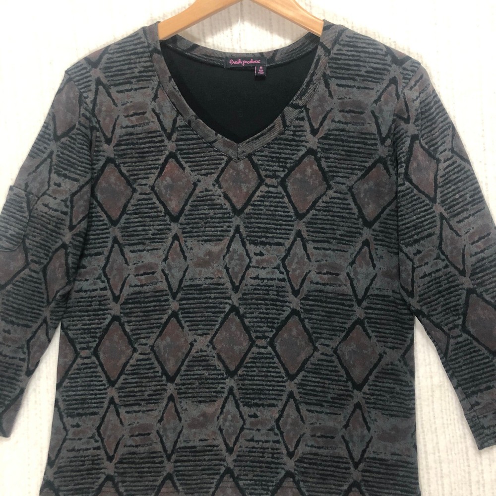 Fresh Produce V-Neck Top Diamond Print 3/4 Sleeve USA Made Gray Women's Size M