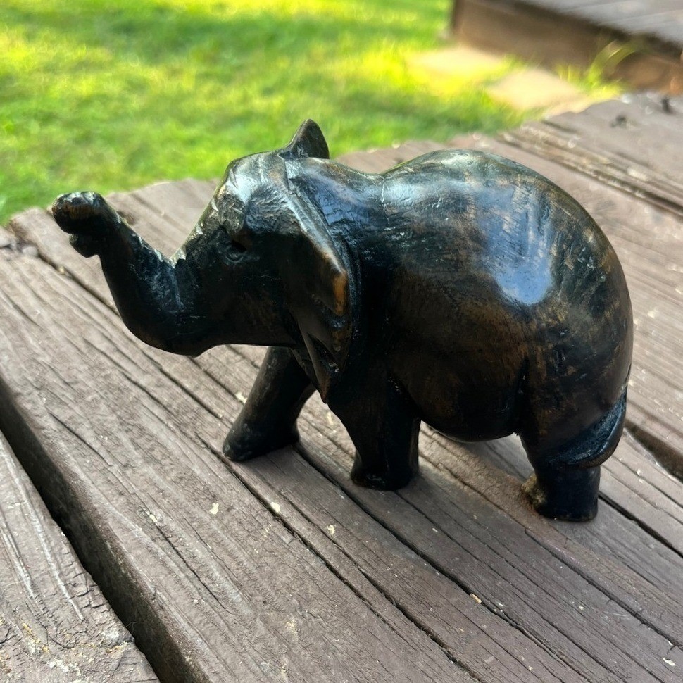 Vtg Hand Carved Dark Wood Elephant Figurine Trunk Up Lucky Folk Art Sculpture
