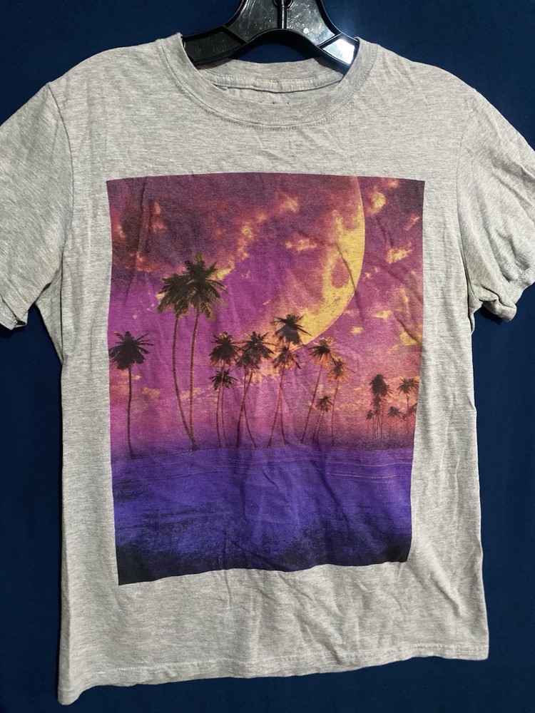 Men's Gray Graphic Print Crew Neck Short Sleeve Beach Theme T-Shirt