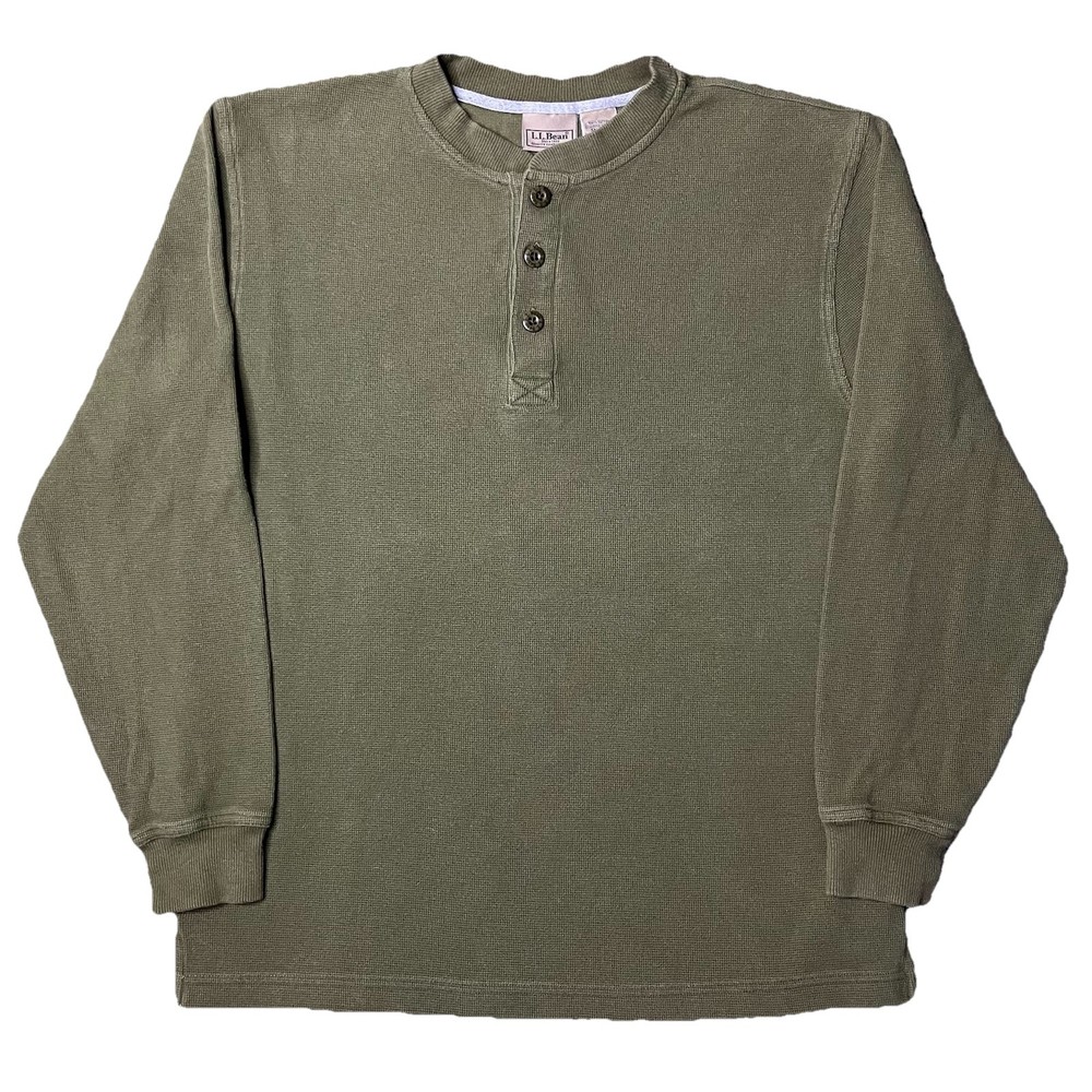 LL Bean Henley Shirt Mens Small S Green Waffle Knit Thermal Long Sleeve Vintage