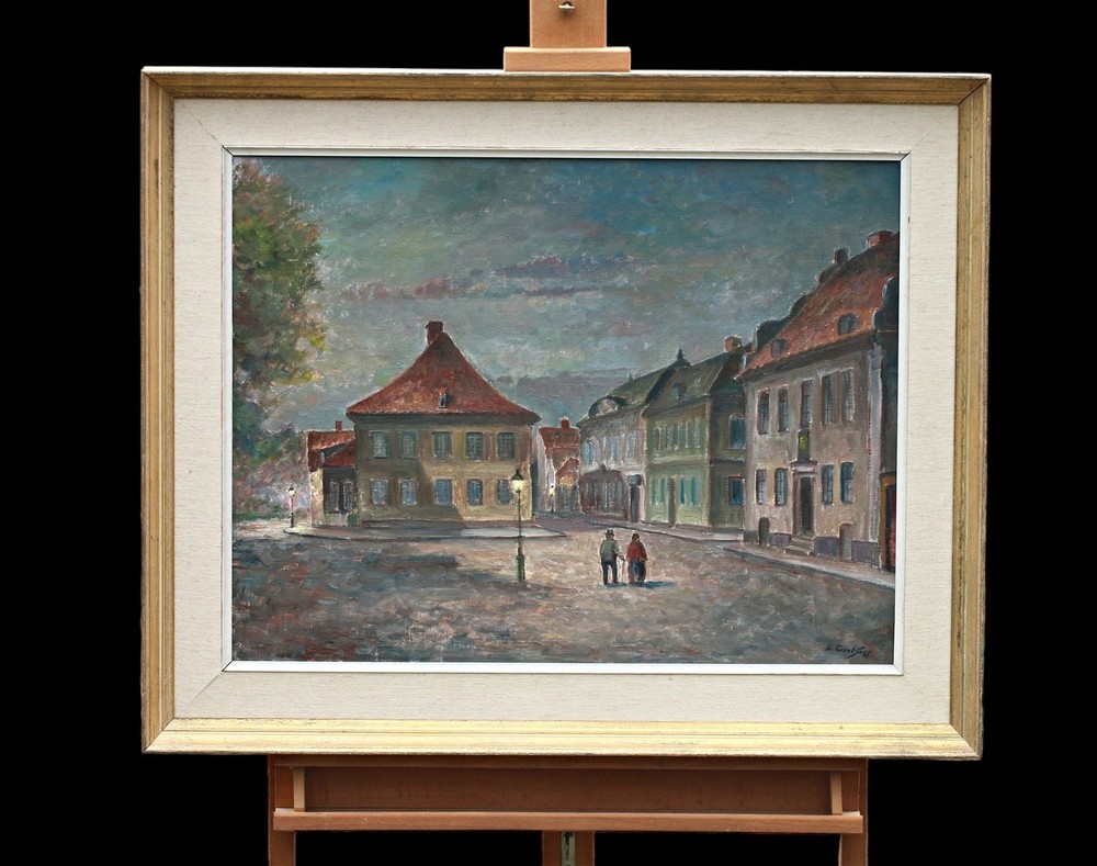 Oil Painting Cityscape Marketplace Houses Figures Signed Framed, Original OOAK