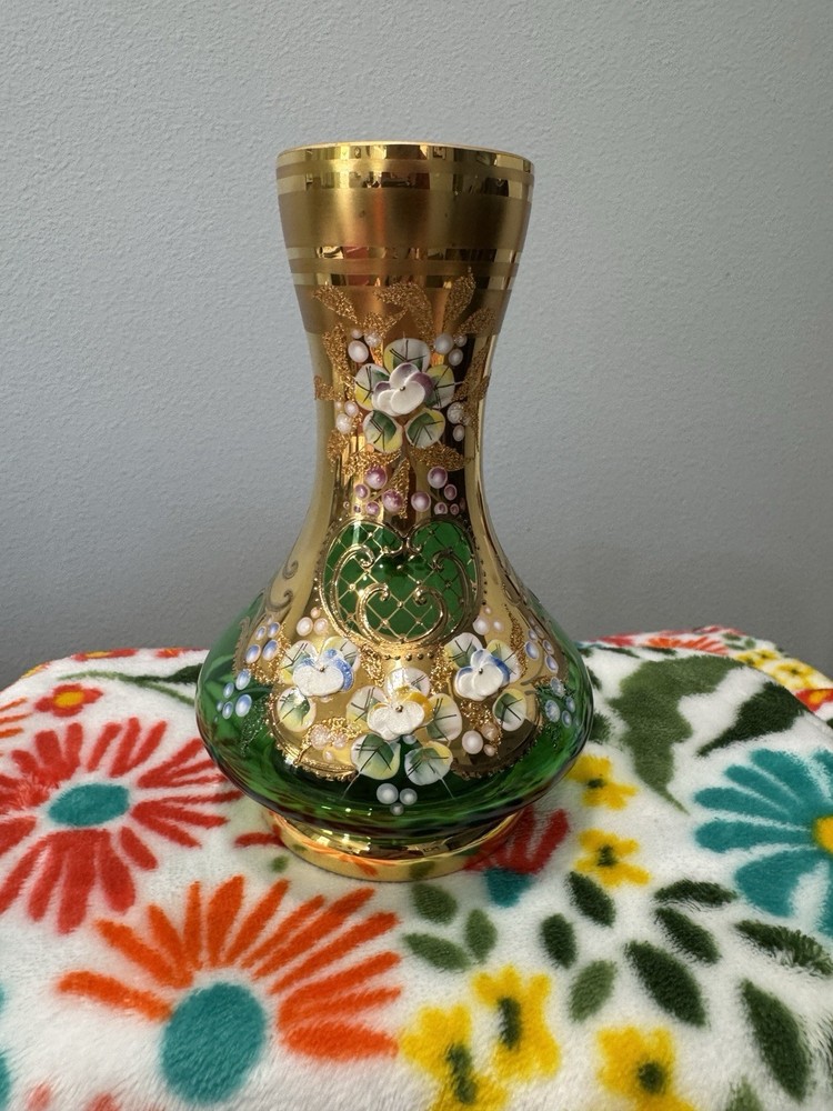 Stunning Bohemian Czech Emerald Green Glass Bud Vase Hand Painted Gold Gilding