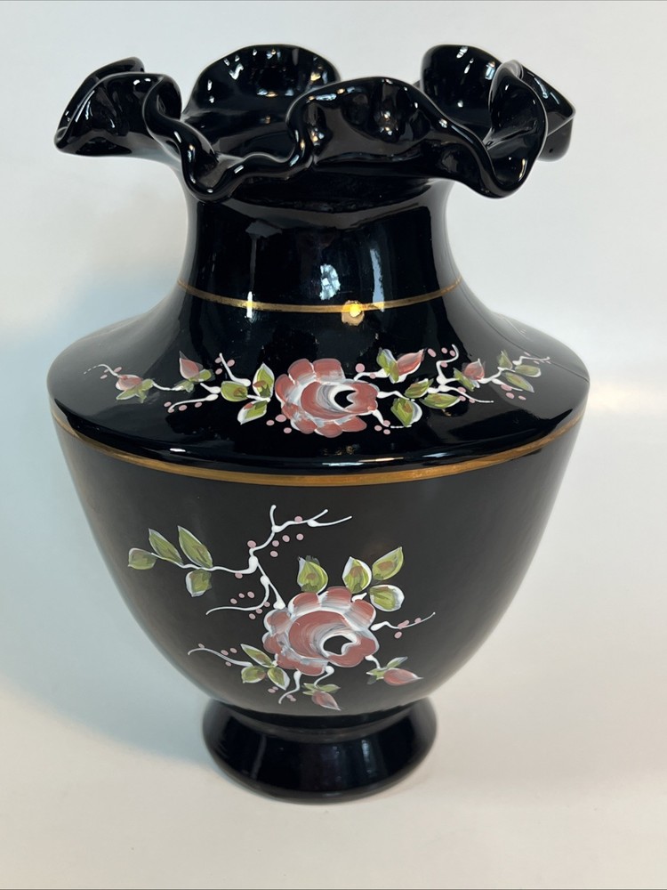 Vintage Fenton Black Amethyst Rose Garden Hand Painted Signed 7