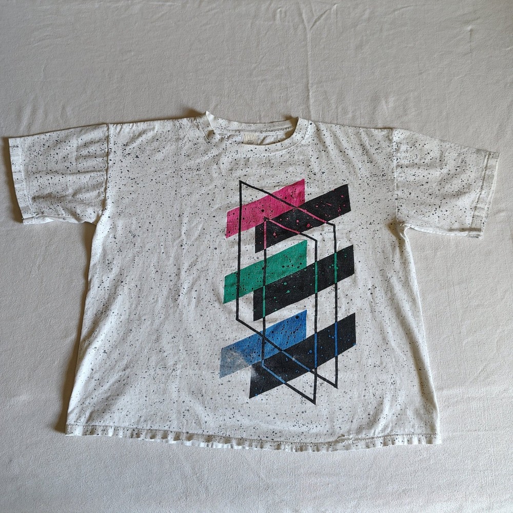 Vintage Abstract Graphic T-Shirt One Size White AOP 80s Speckle Single Stitch-image