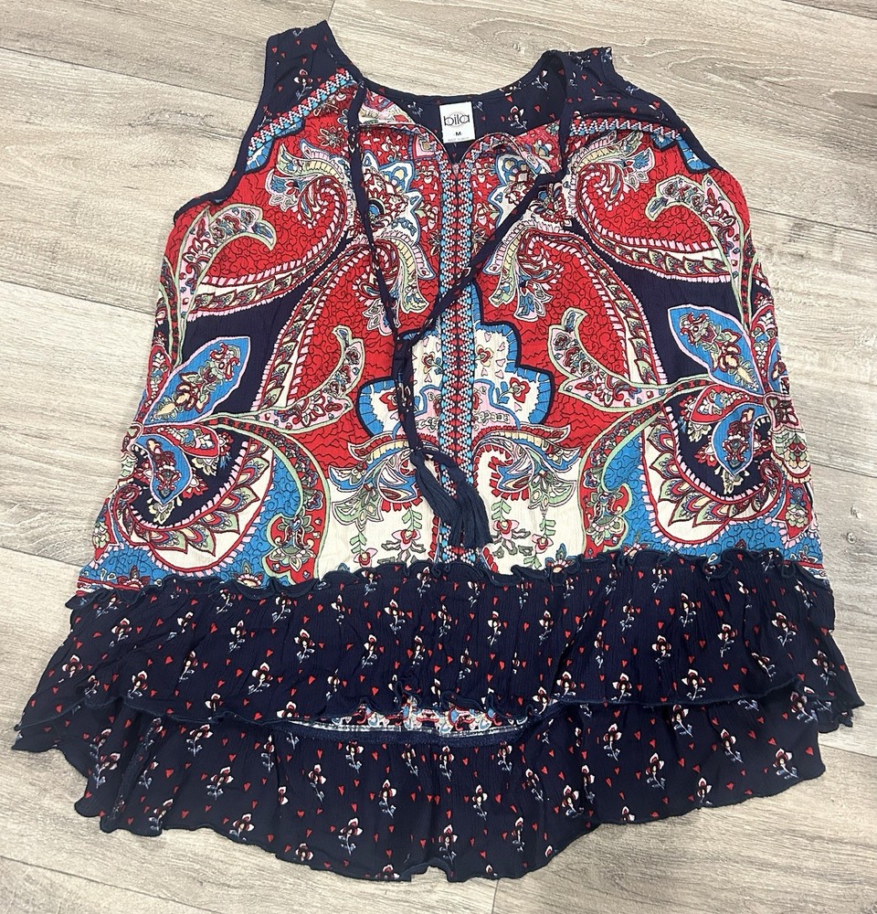 Bila Boho Paisley Ruffled Sleeveless Tassel Top Size Medium