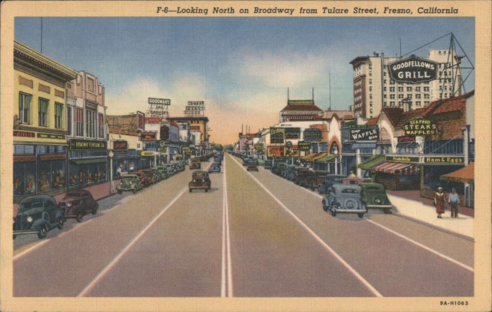 Fresno, California CA Looking North Broadway from Tulare Street Vintage Postcard