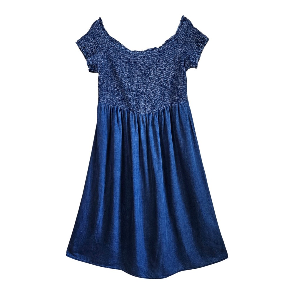 OLD NAVY Women XL Midi Dress Blue Smocked Elastic On or Off Shoulder Tencel Boho
