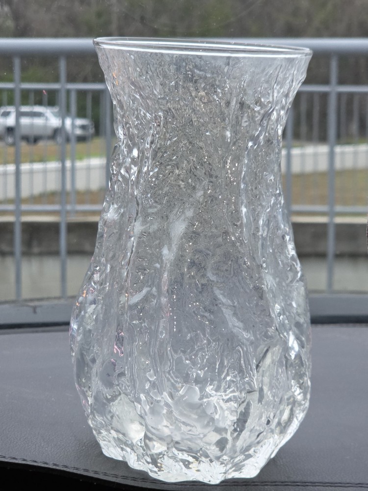 Vintage Ice Glass Vase Mid Century Modern Heavy Crystal Textured Art Glass 9.75