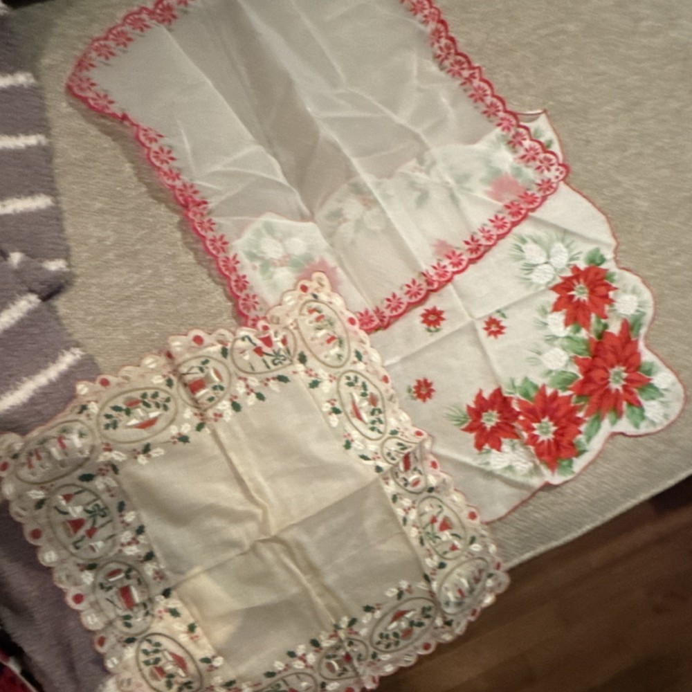 White, Red, Green Embroidered Holiday Floral Handkerchiefs Lot of 3