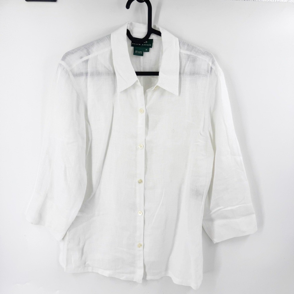 ✅ LAUREN RALPH LAUREN LINEN White Button-Up Shirt SIZE MEDIUM