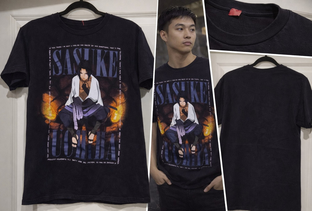 Naruto Sasuke Uchiha Black Graphic Print Crew Neck Short Sleeve T-Shirt Men's M