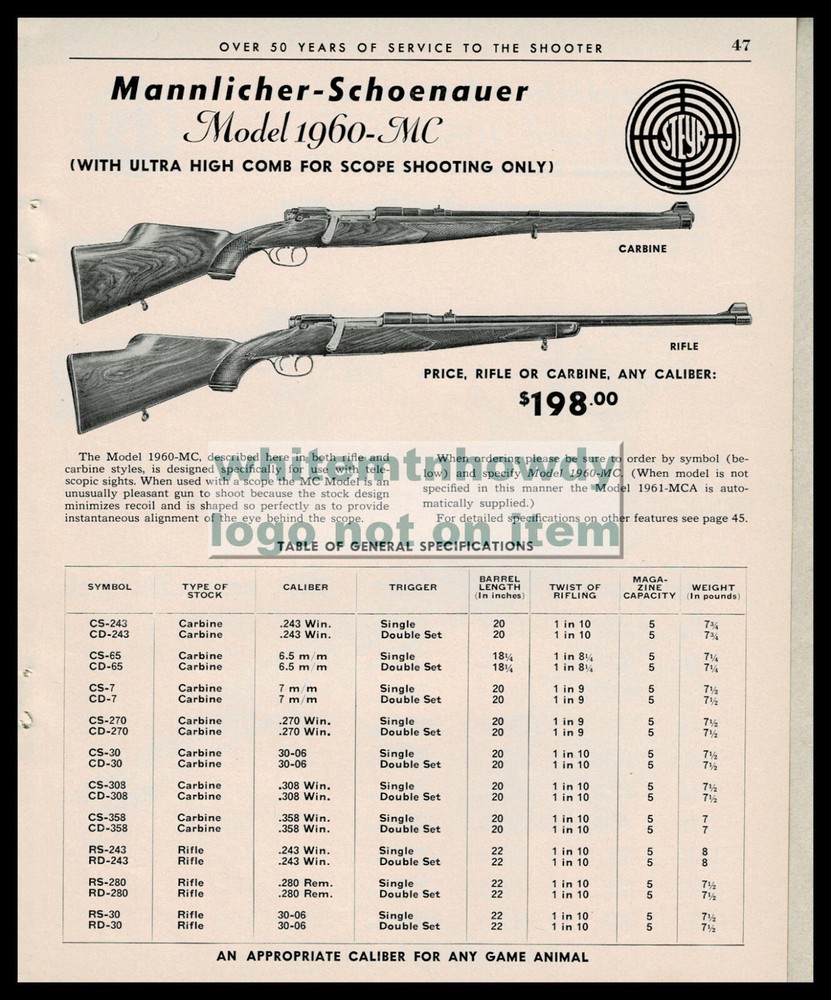 1962 MANNLICHER-SCHOENAUER Model 1960-MC Carbine and Rifle PRINT AD