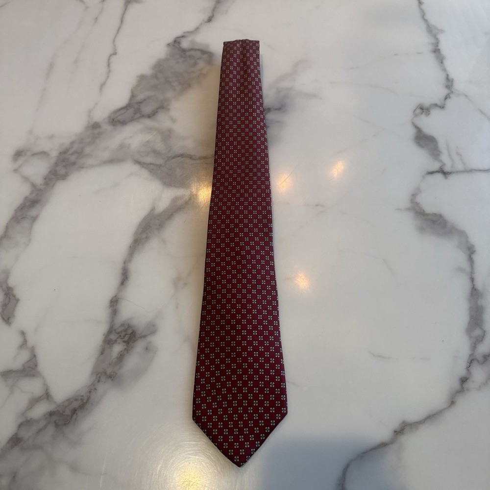 Vintage Yves Saint Laurent YSL Men Silk Tie Burgundy Maroon Floral Geometric Dot