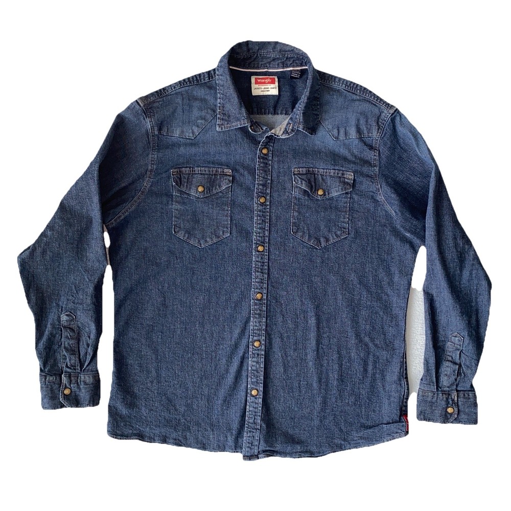 Wrangler Shirt Mens XL Blue Denim Long Sleeve Western Snap Pockets Casual