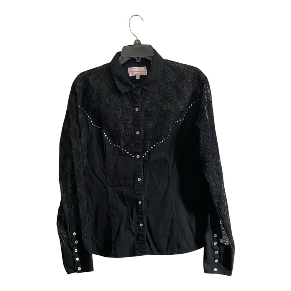 Panhandle Slim XL Black Western Shirt Black Lace Sleeves Rhinestone Button Rodeo