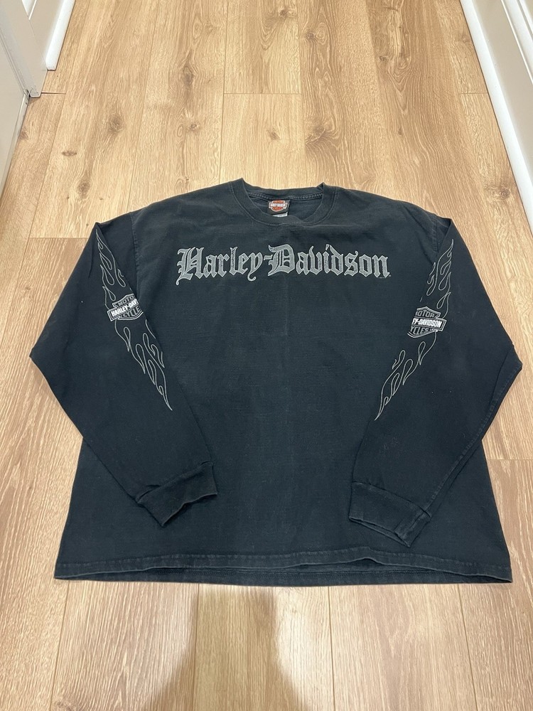 Vintage Harley-Davidson Shirt Mens XL Black Long Sleeve Flames Chrome Biker Tee