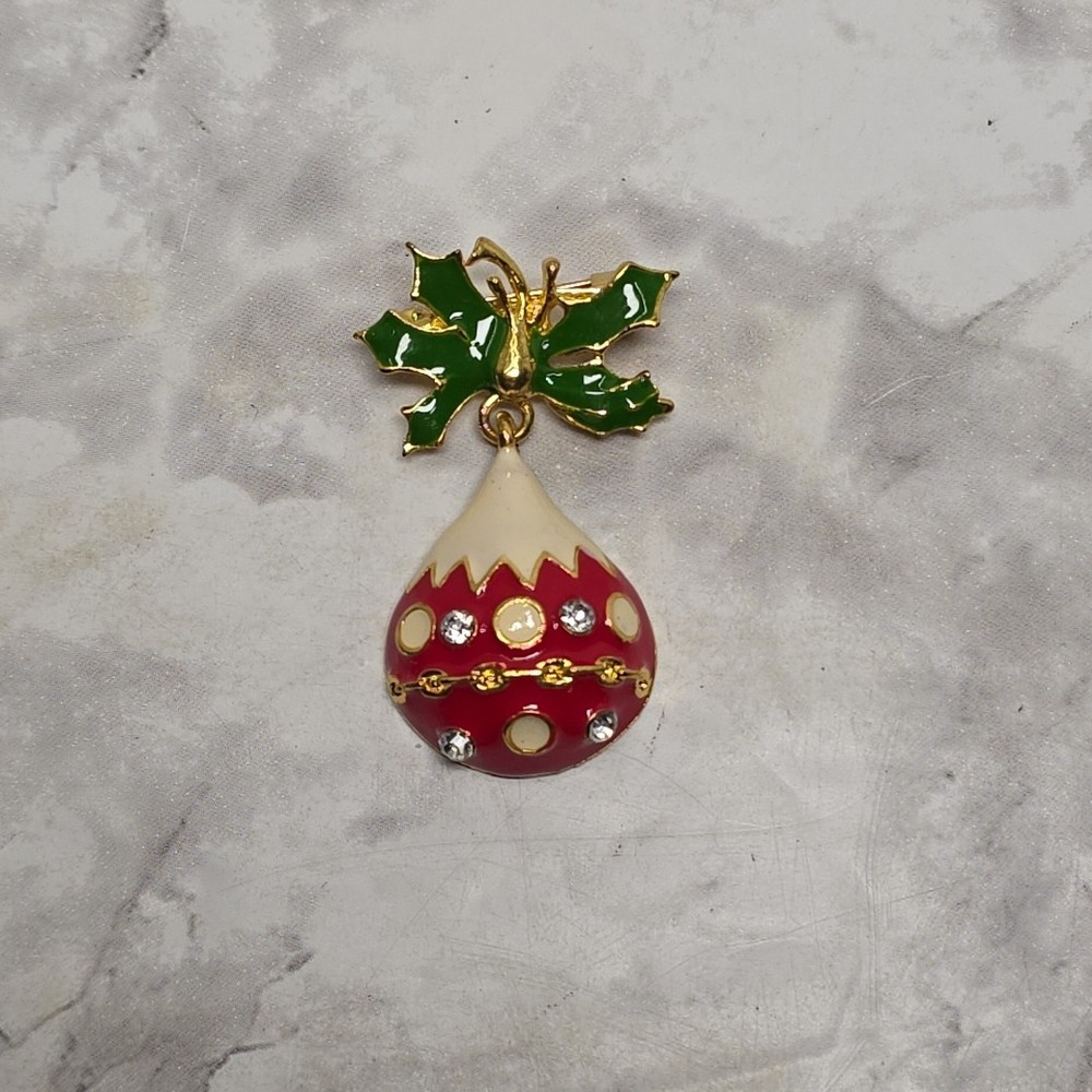 Vintage Brooch Christmas Ornament With Mistletoe Pin Red and Gold Tone Enamel