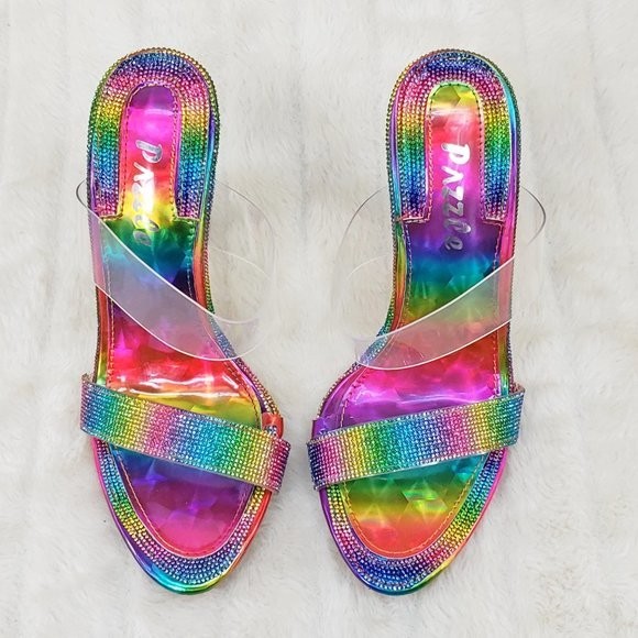 Lee Rainbow Hologram Rhinestone Slip On Double Strap High Heel Clog Mule Shoes