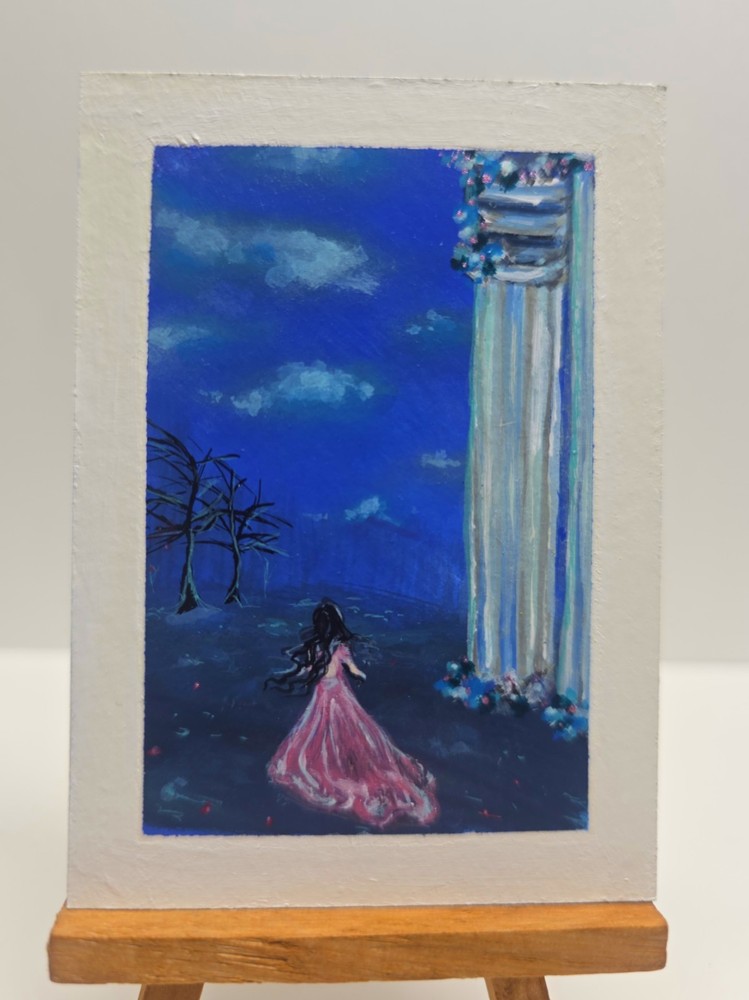 Original ACEO Fantasy Painting OOAK Moonlit Landscape Woman Art Card