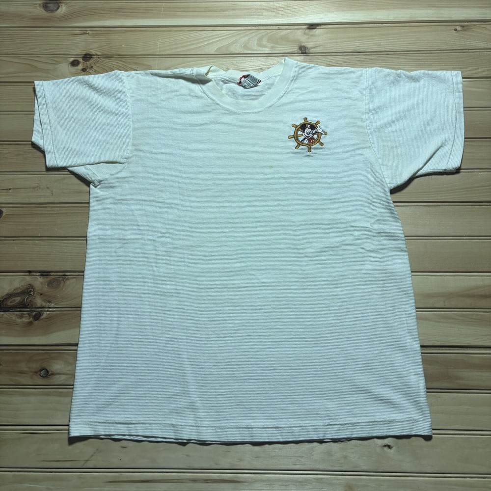Vintage 90s Disney Mickey Mouse Embroidered Pirate Wheel Striped Shirt Large