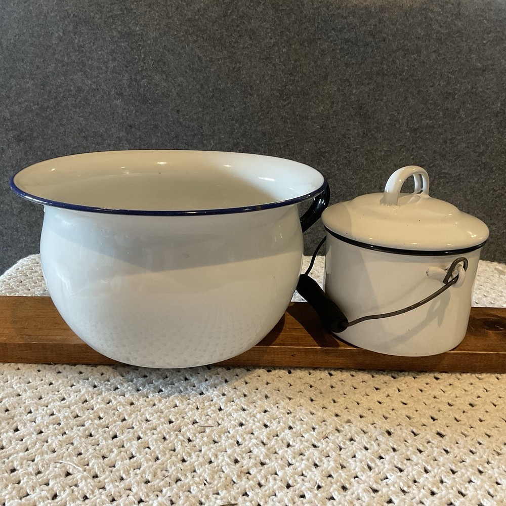 Kockums Enamelware Bucket, Bowl, Pot Set with Lid White Blue Trim Vintage