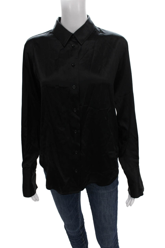 Frame Women Silk Collared Long Sleeve Button-Up Basic Black Size XSFree Shipping in US $100+ Orders | $6.95 Orders Below
