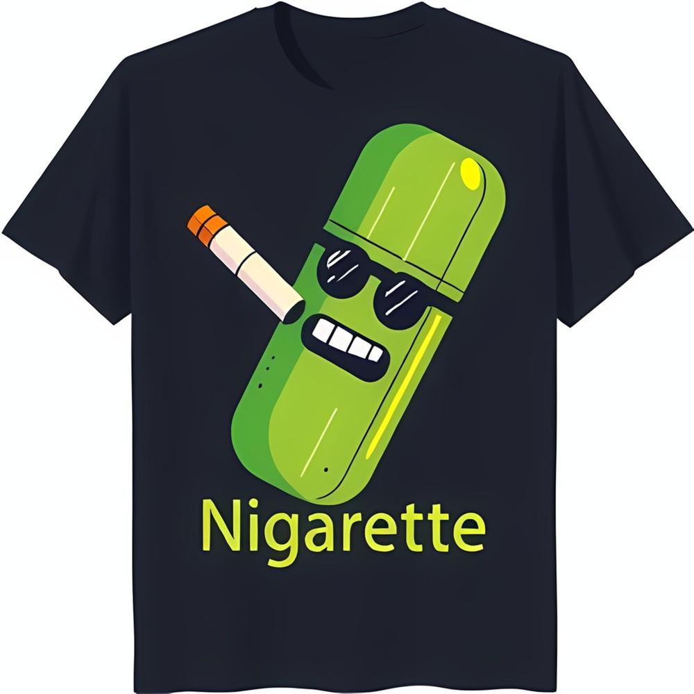 Cool Green Cartoon in Shades on Nigarete Black T-Shirt
