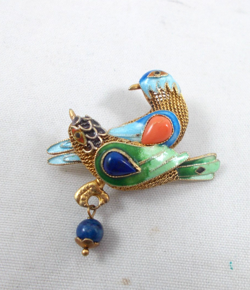 Chinese Bird Brooch Silver with Gold Wash Vermeil Filigree Enamel Pin Lapis Cora