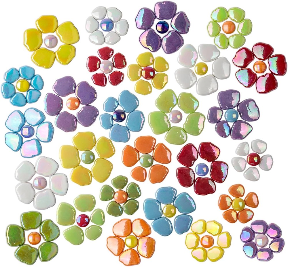 24 Pcs Stained Glass Flower Mosaic Tiles – 12 Iridescent Colors, Large & Small