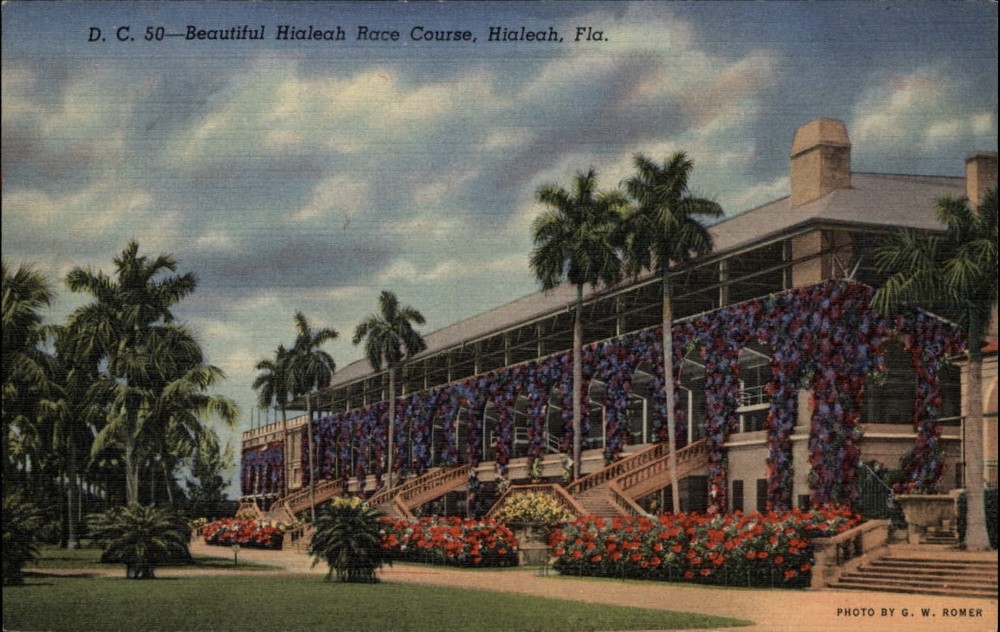 Hialeah Florida Race Course Grandstand flowers ~ 1940s linen postcard