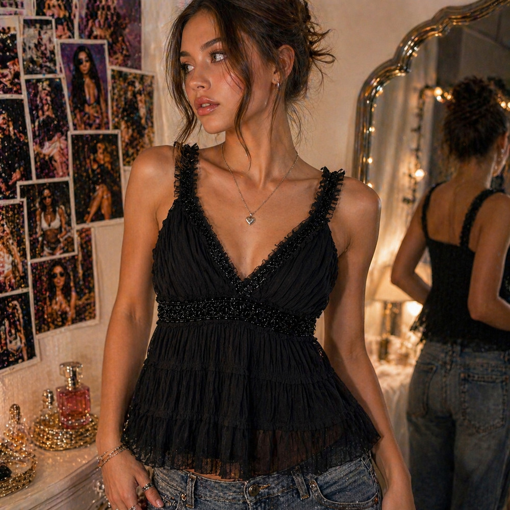 Vintage Y2K Black Ruffle Lace Babydoll Cami Top S Coquette Dark Fairy Whimsigoth