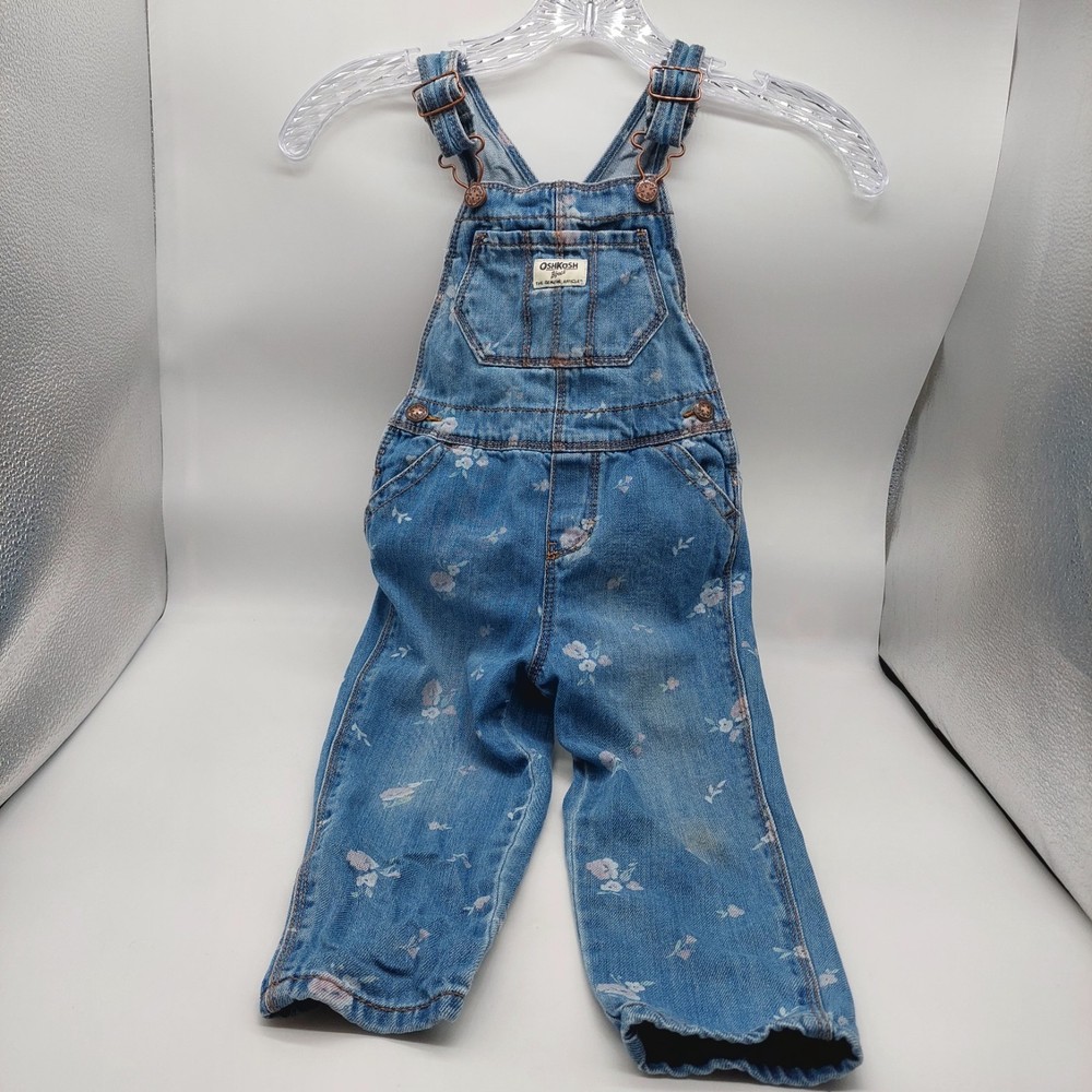 OshKosh B'gosh Girls Denim Overalls Size 3T Floral Adj Straps READ Vintage